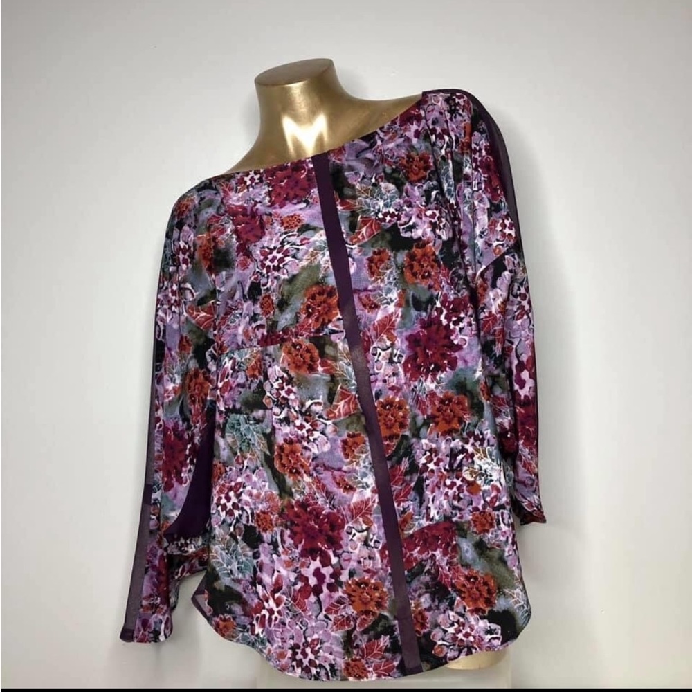 Purple floral sheer silk chiffon dolman sleeve top